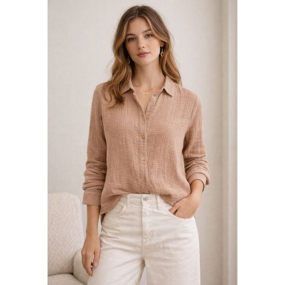 JENNI KAYNE Tan Waffle Button Up Shirt Top   Women's Size XS